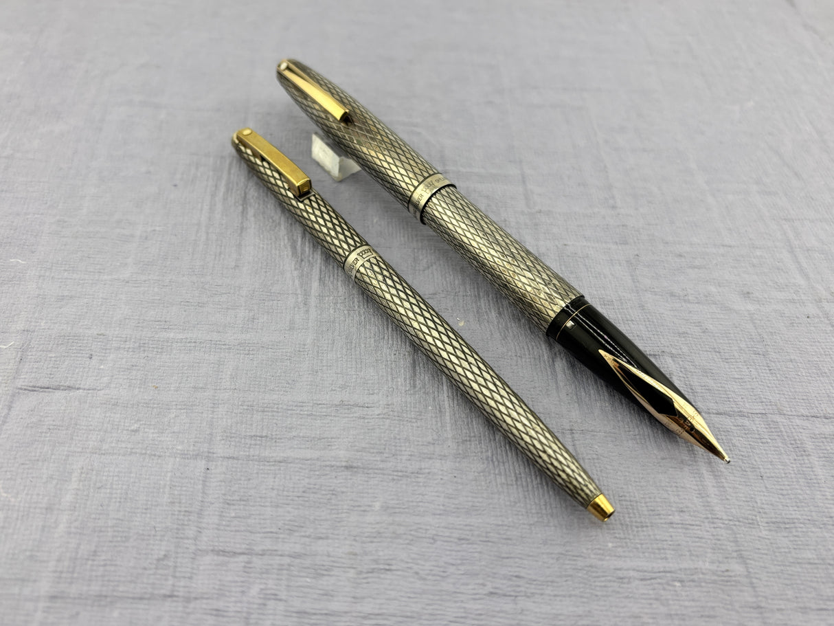 Sheaffer Imperial Set Sterling Silver 925 Crossed lines 14k Gold Nib rare double broad !!