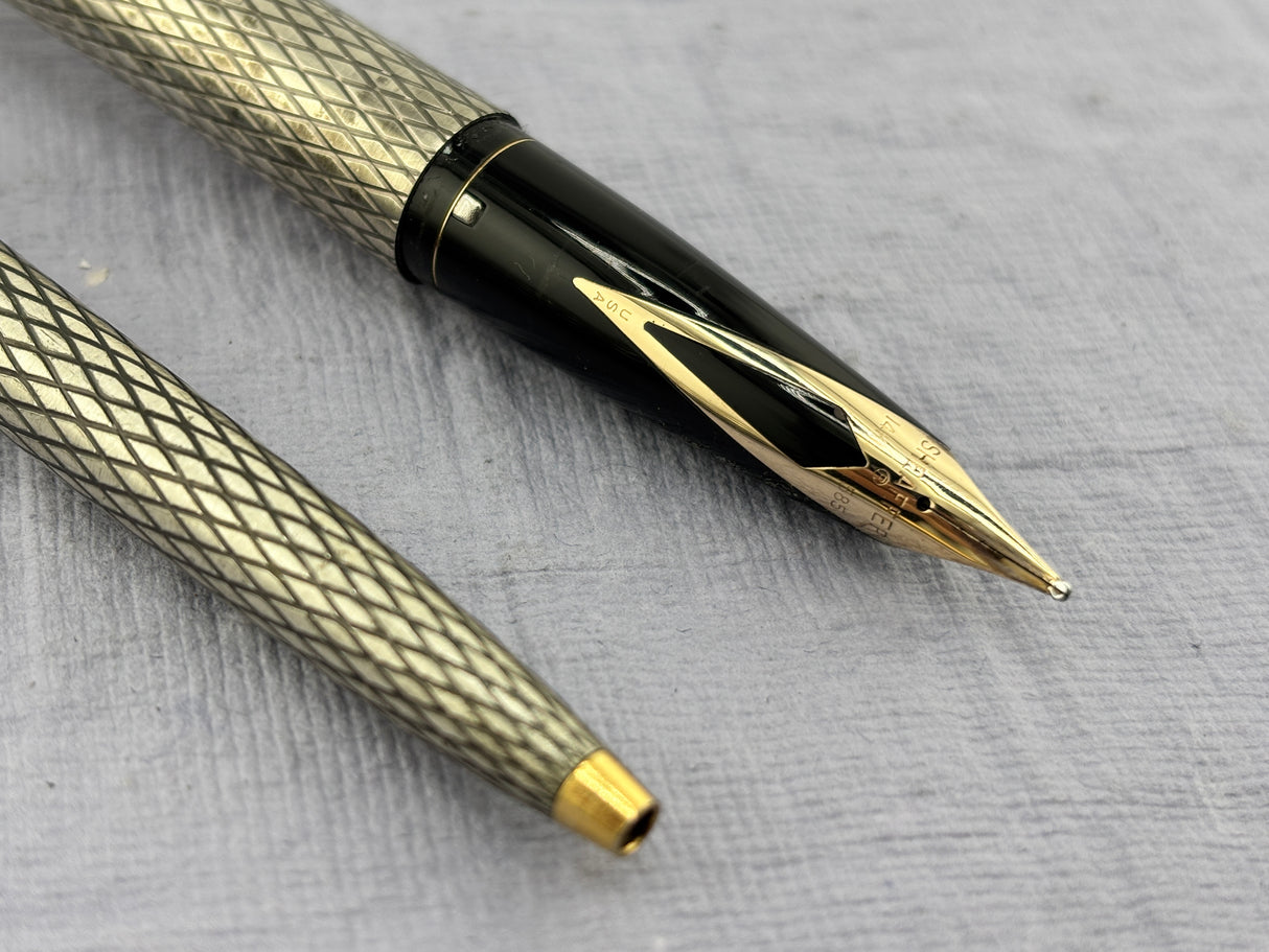 Sheaffer Imperial Set Sterling Silver 925 Crossed lines 14k Gold Nib rare double broad !!