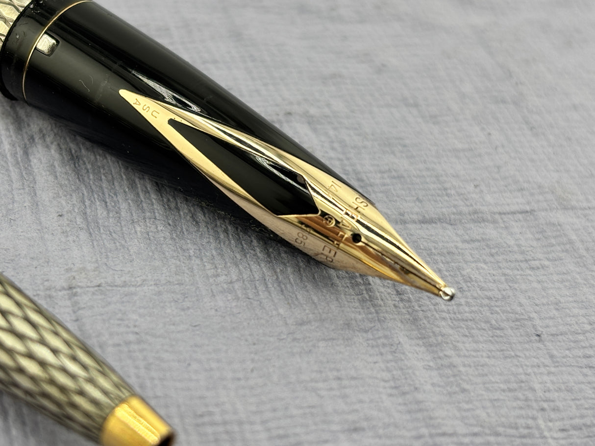 Sheaffer Imperial Set Sterling Silver 925 Crossed lines 14k Gold Nib rare double broad !!
