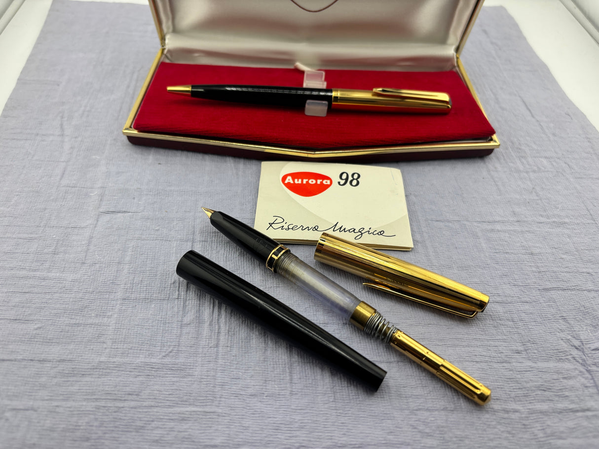 Aurora 98 Riserva Magica Black /gold cap SET - Fountain Pen and Ball Pen