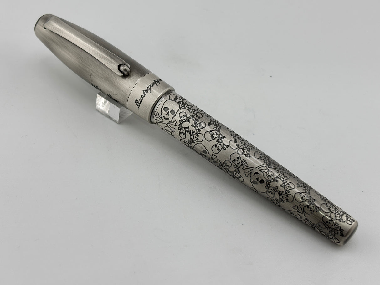 Montegrappa Fortuna Brushed Stainless Steel Skulls Fountain Pen - Fine Stainless Steel Nib