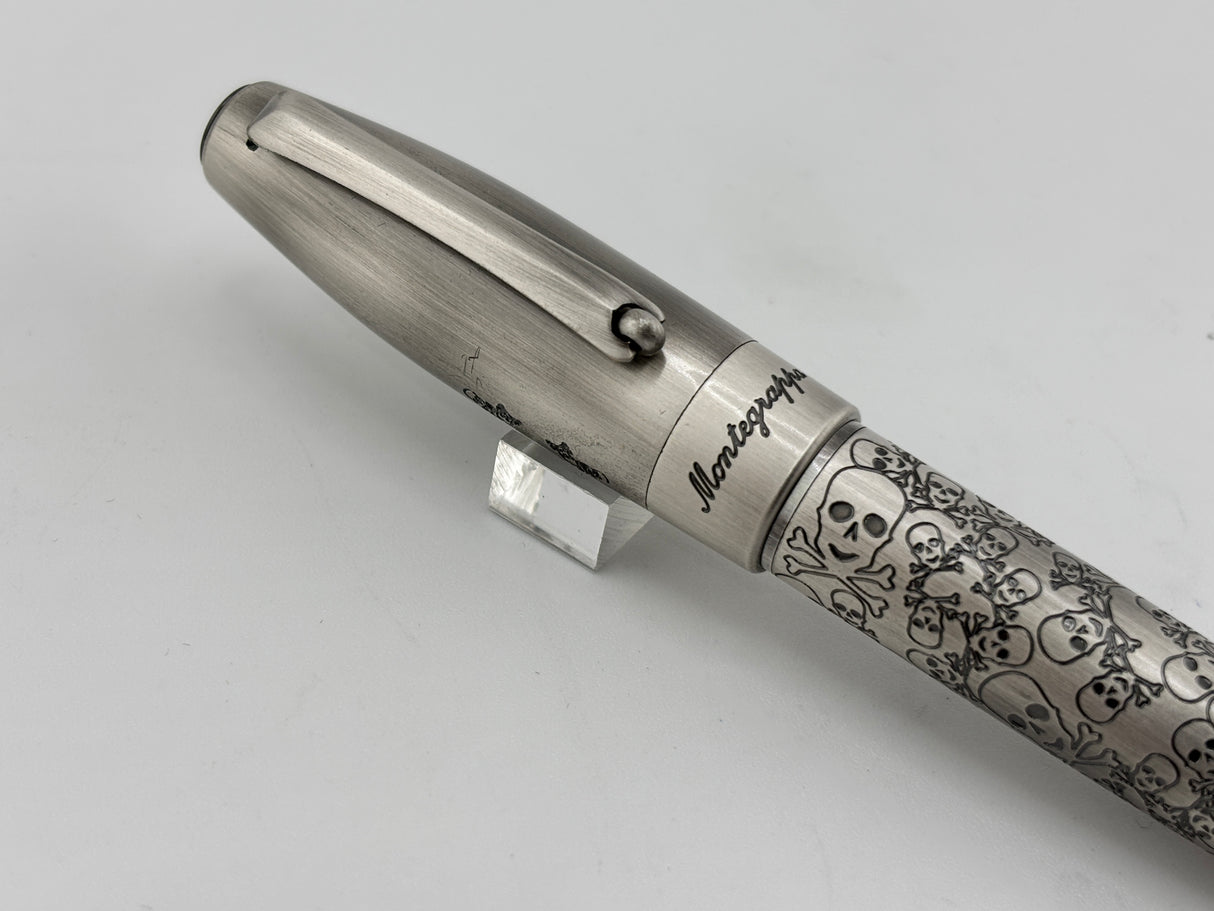 Montegrappa Fortuna Brushed Stainless Steel Skulls Fountain Pen - Fine Stainless Steel Nib