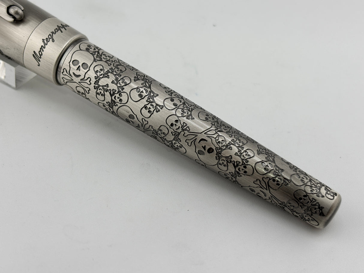 Montegrappa Fortuna Brushed Stainless Steel Skulls Fountain Pen - Fine Stainless Steel Nib