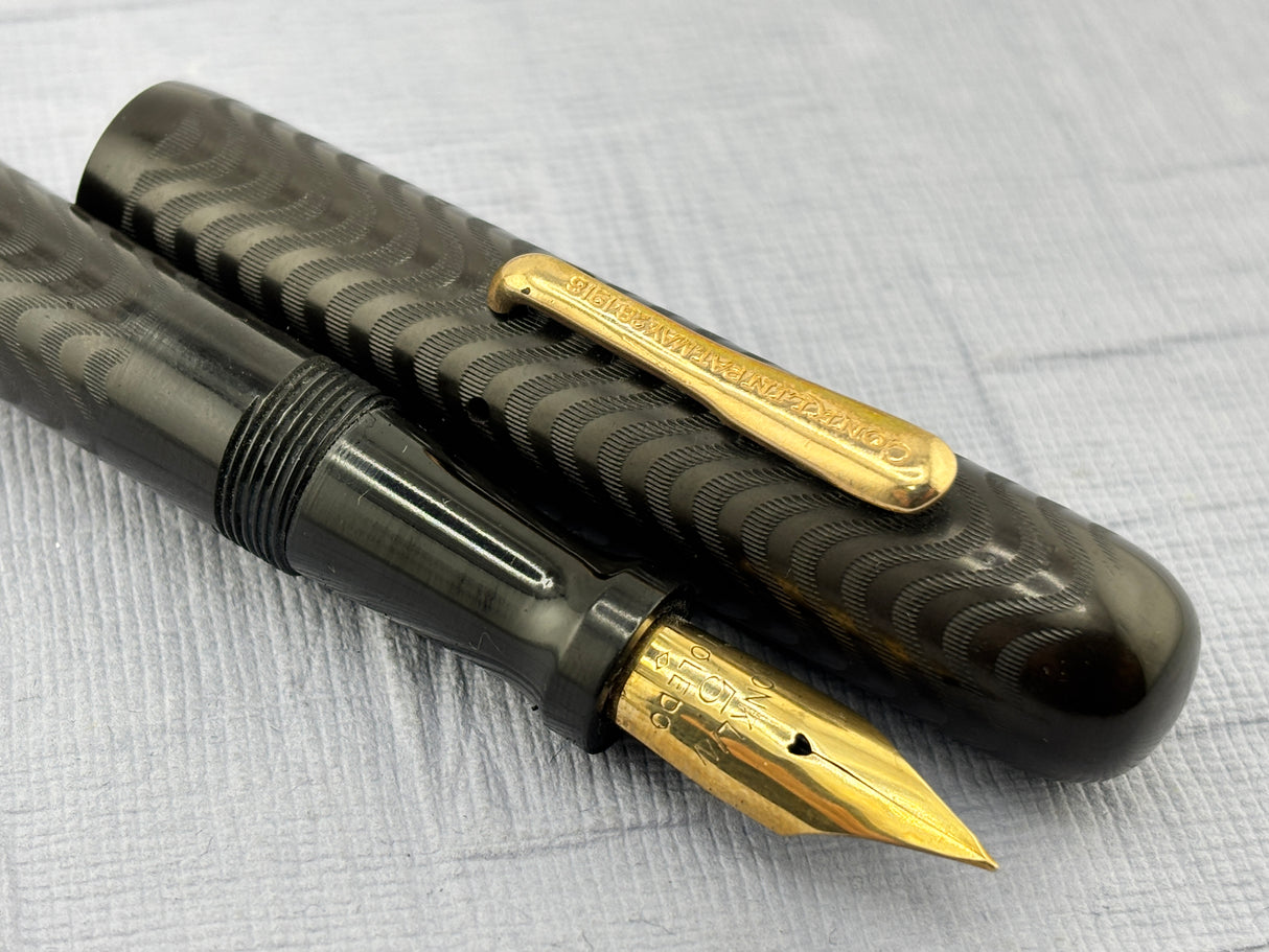 Conklin Toledo Crescent filler"50" Black hard Rubber chased # 5 nib very good flex - Fountain Pen