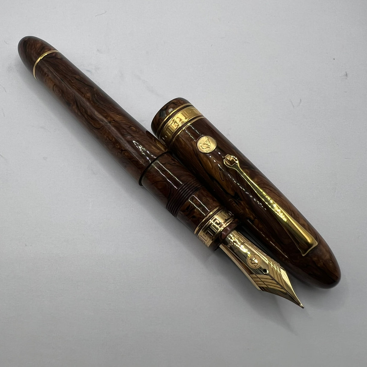 ASC (Armando Simoni Club) Ogiva Oversized Extra Art Nouveau Burl Celluloid Fountain Pen Ltd Ed - Medium Magic Flex #8 Size 18kt Gold Nib