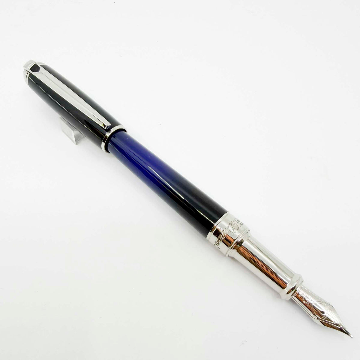 S. T. Dupont Line D Eternity Blue & Black Lacquer Medium Fountain Pen - Palladium Plated Trim - Medium 14kt Gold Nib