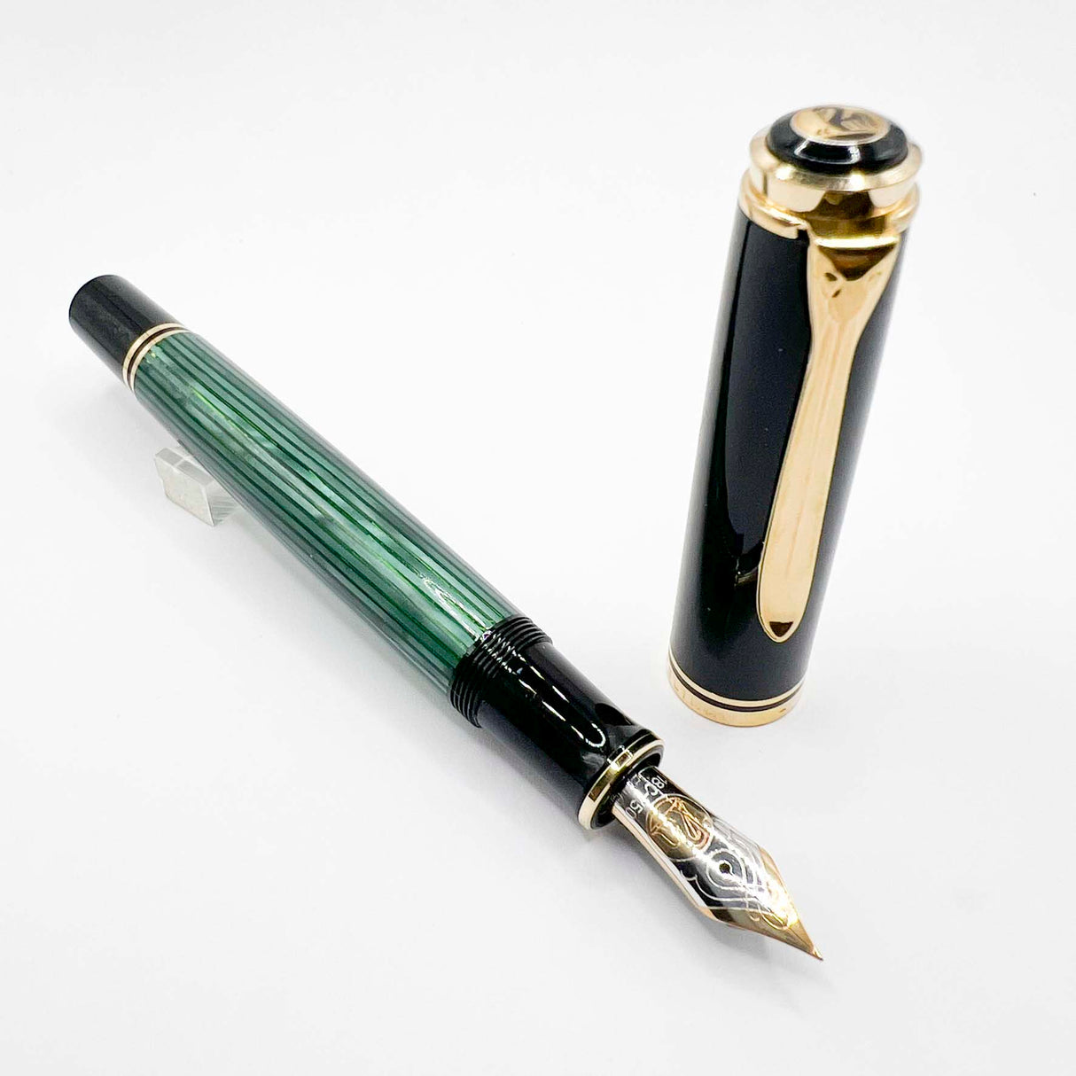 Pelikan M800 Souveran Black Cap & Green Striped Barrel Fountain Pen - Extra Fine 18kt Gold Nib