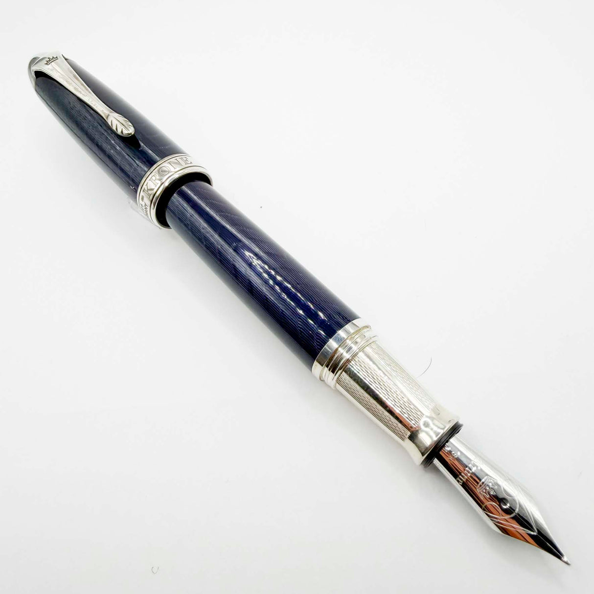 Krone Heavy Sterling Silver Oversized Fountain Pen - Translucent Dark Blue Enamel overlaying the Sterling Silver Body of Guilloched Wave Design - Medium 18kt Gold Nib