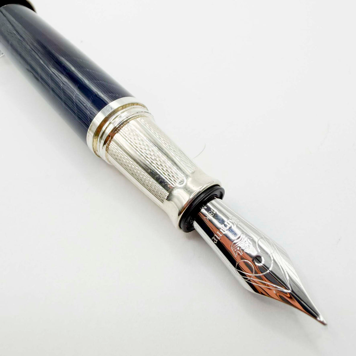 Krone Heavy Sterling Silver Oversized Fountain Pen - Translucent Dark Blue Enamel overlaying the Sterling Silver Body of Guilloched Wave Design - Medium 18kt Gold Nib