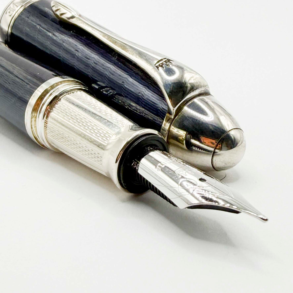 Krone Heavy Sterling Silver Oversized Fountain Pen - Translucent Dark Blue Enamel overlaying the Sterling Silver Body of Guilloched Wave Design - Medium 18kt Gold Nib