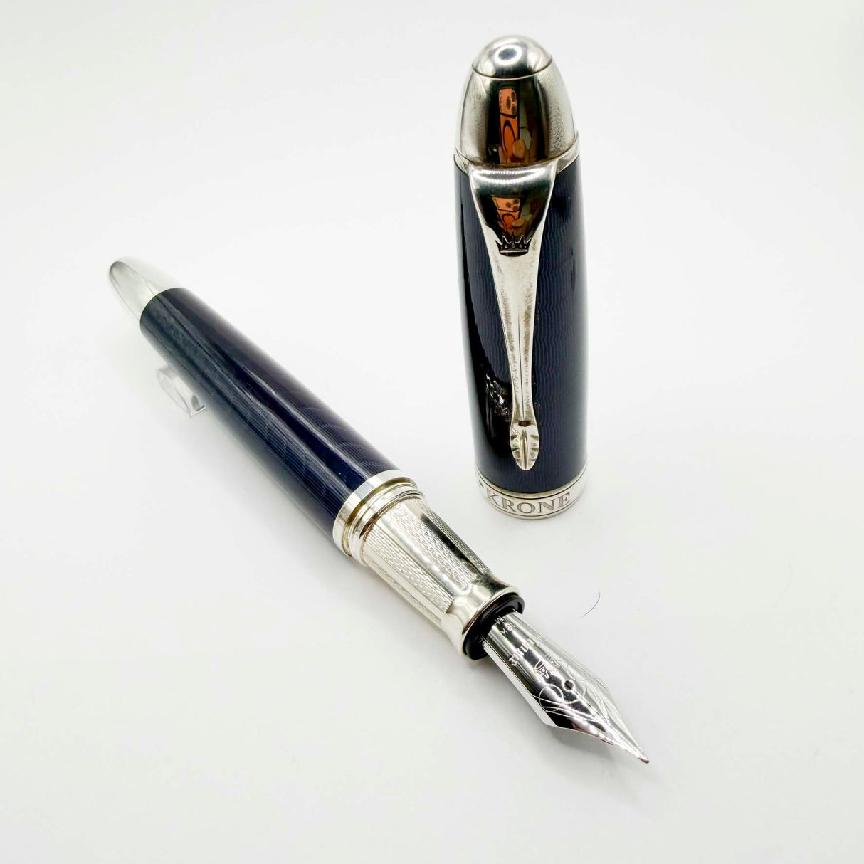 Krone Heavy Sterling Silver Oversized Fountain Pen - Translucent Dark Blue Enamel overlaying the Sterling Silver Body of Guilloched Wave Design - Medium 18kt Gold Nib