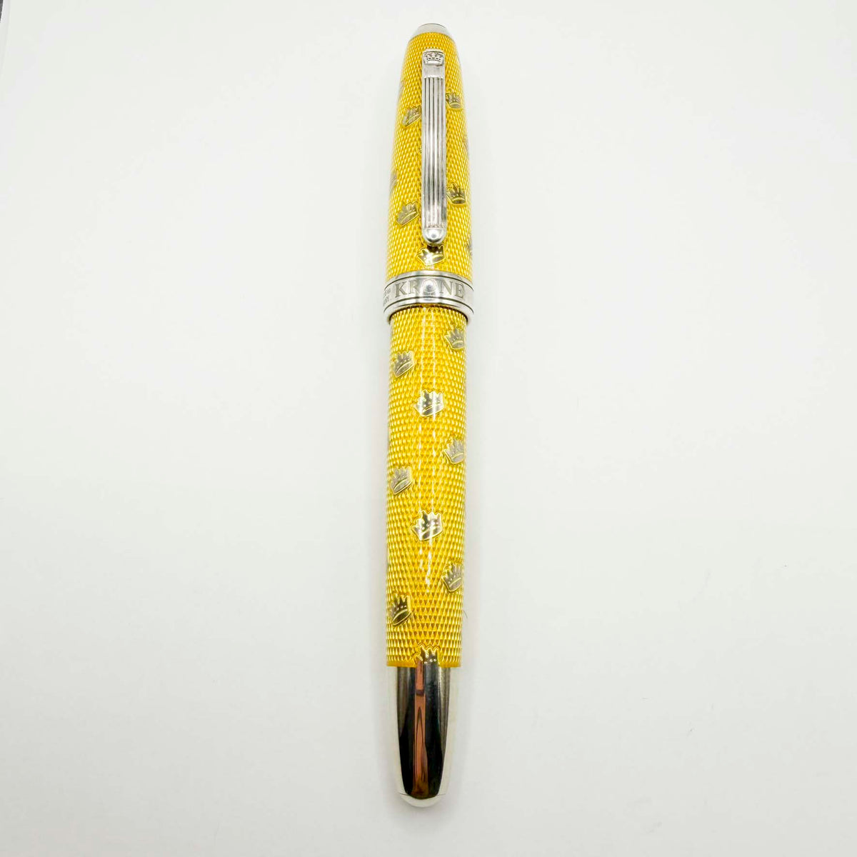 Krone Kronology Heavy Sterling Silver Oversized Rollerball - Translucent Yellow Enamel overlaying the Guilloched Sterling Silver Body plus Scattered Crowns Engraved