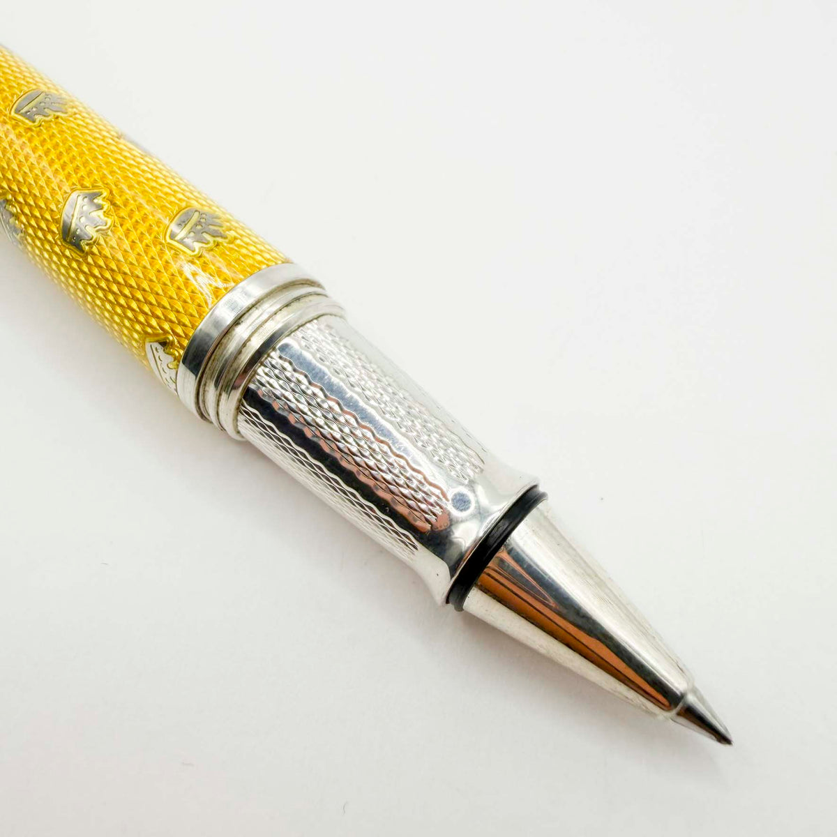 Krone Kronology Heavy Sterling Silver Oversized Rollerball - Translucent Yellow Enamel overlaying the Guilloched Sterling Silver Body plus Scattered Crowns Engraved