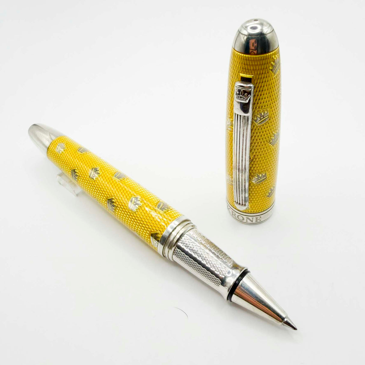 Krone Kronology Heavy Sterling Silver Oversized Rollerball - Translucent Yellow Enamel overlaying the Guilloched Sterling Silver Body plus Scattered Crowns Engraved