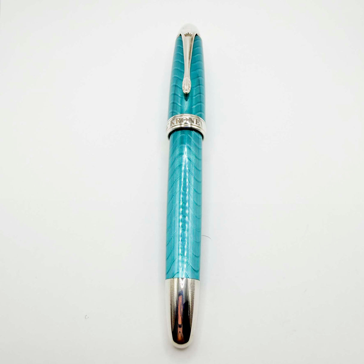 Krone Heavy Sterling Silver Oversized Fountain Pen - Translucent Turquoise Enamel overlaying the Sterling Silver Body of Guilloched Wave Design - Medium 18kt Gold Nib
