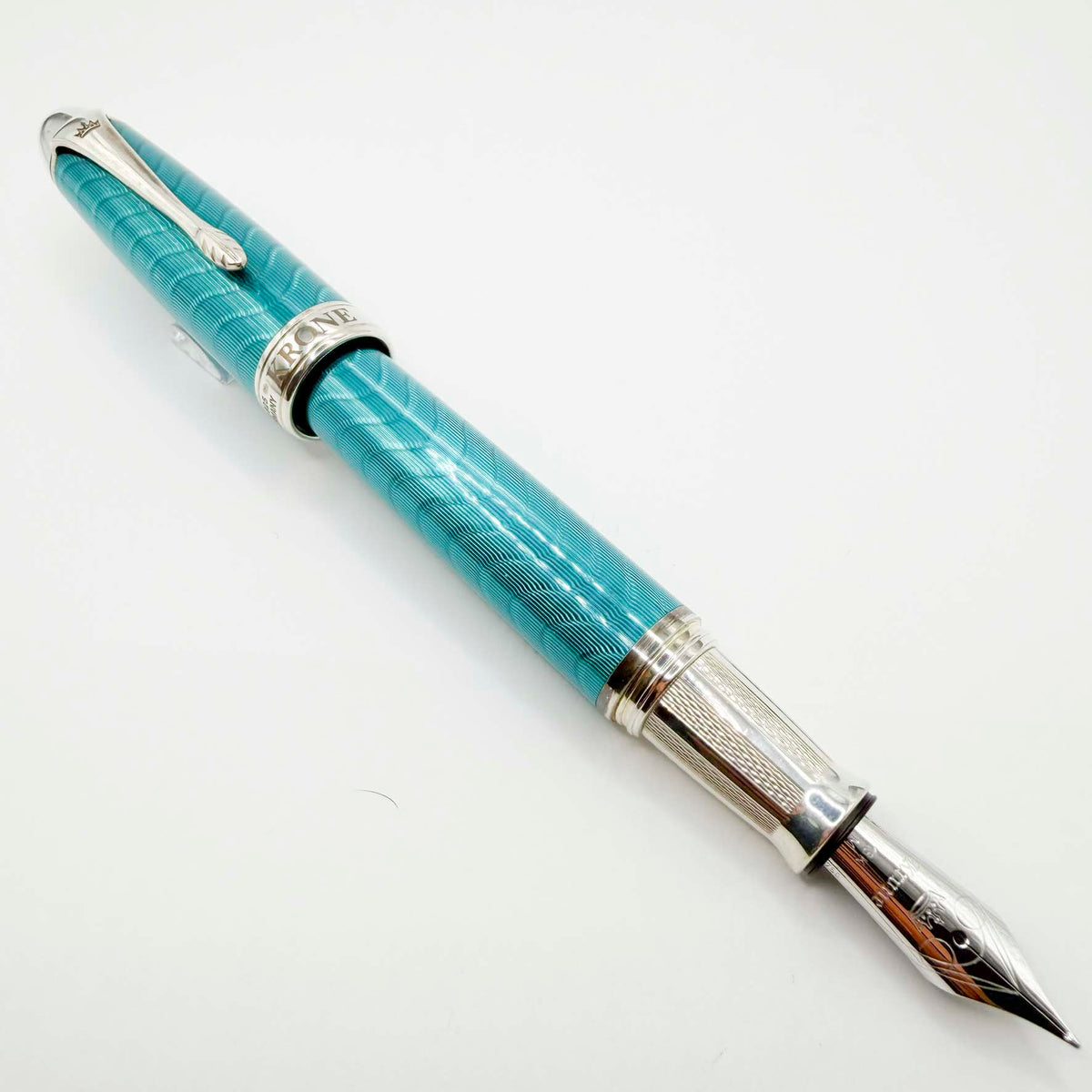 Krone Heavy Sterling Silver Oversized Fountain Pen - Translucent Turquoise Enamel overlaying the Sterling Silver Body of Guilloched Wave Design - Medium 18kt Gold Nib