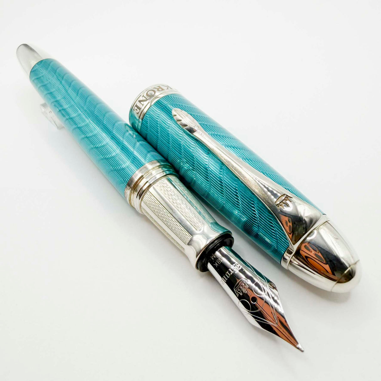 Krone Heavy Sterling Silver Oversized Fountain Pen - Translucent Turquoise Enamel overlaying the Sterling Silver Body of Guilloched Wave Design - Medium 18kt Gold Nib