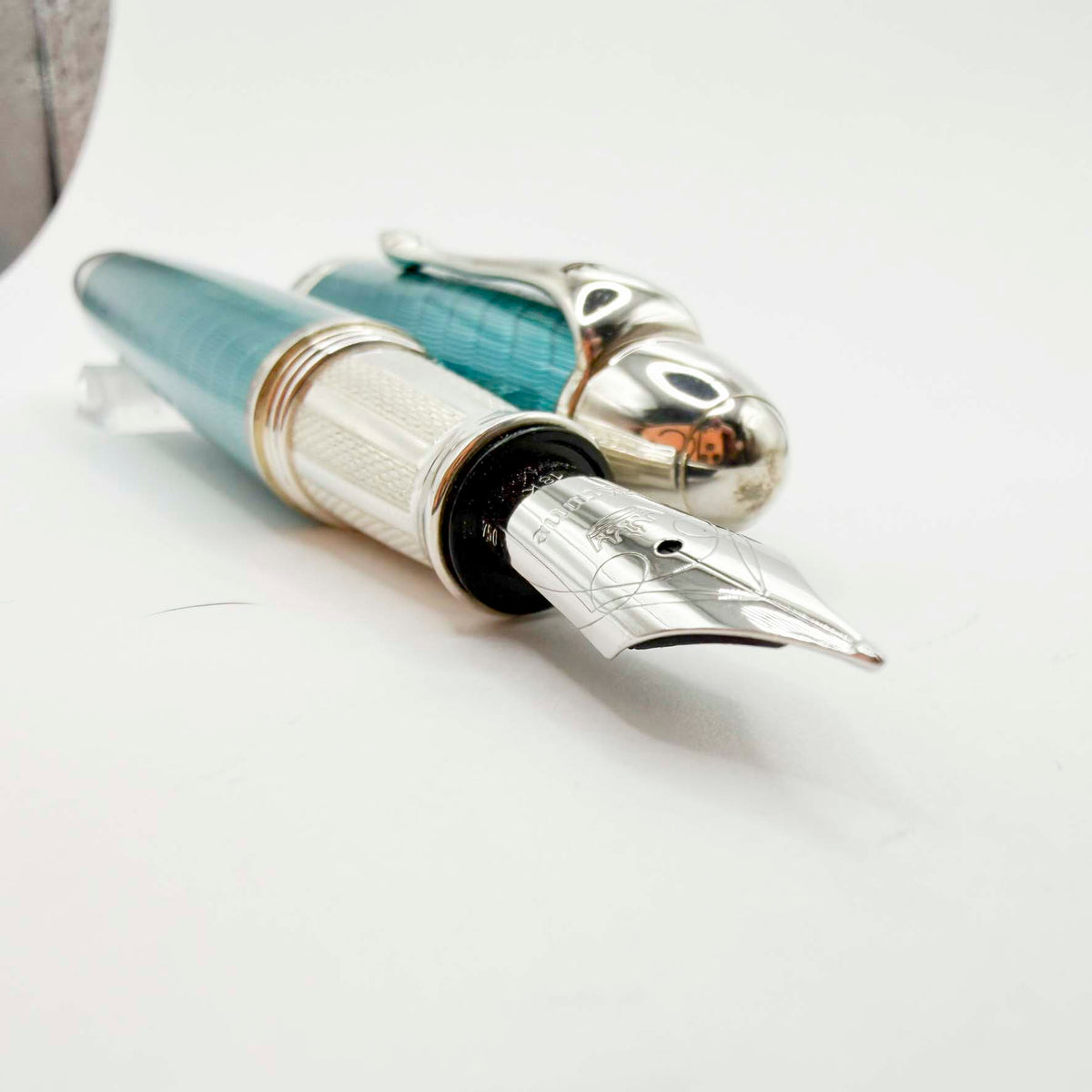 Krone Heavy Sterling Silver Oversized Fountain Pen - Translucent Turquoise Enamel overlaying the Sterling Silver Body of Guilloched Wave Design - Medium 18kt Gold Nib