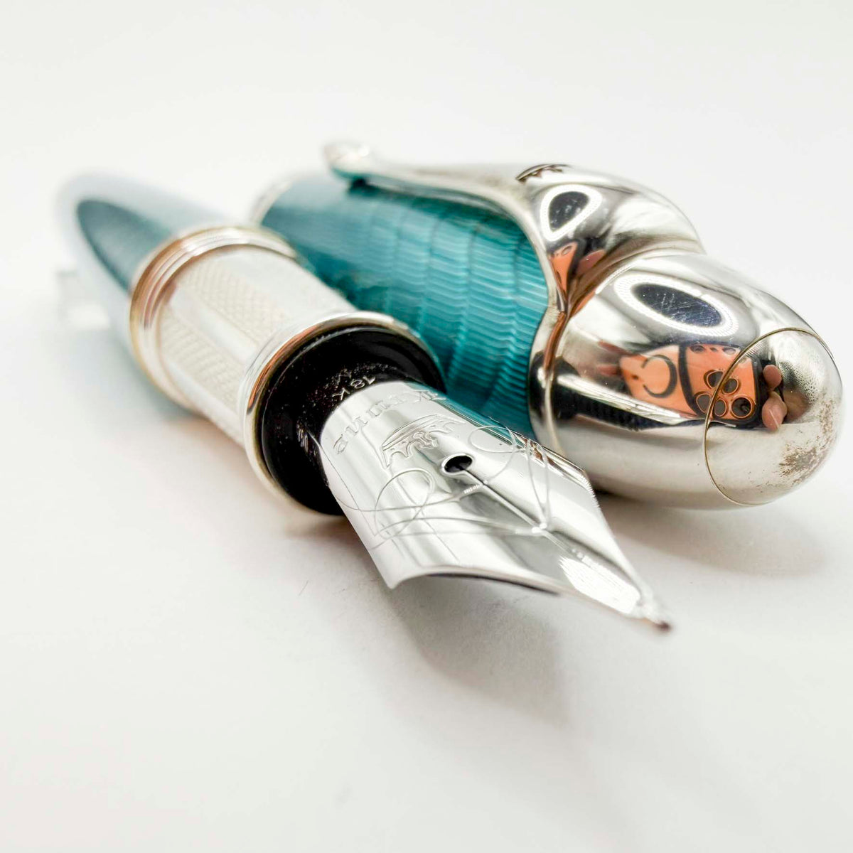 Krone Heavy Sterling Silver Oversized Fountain Pen - Translucent Turquoise Enamel overlaying the Sterling Silver Body of Guilloched Wave Design - Medium 18kt Gold Nib