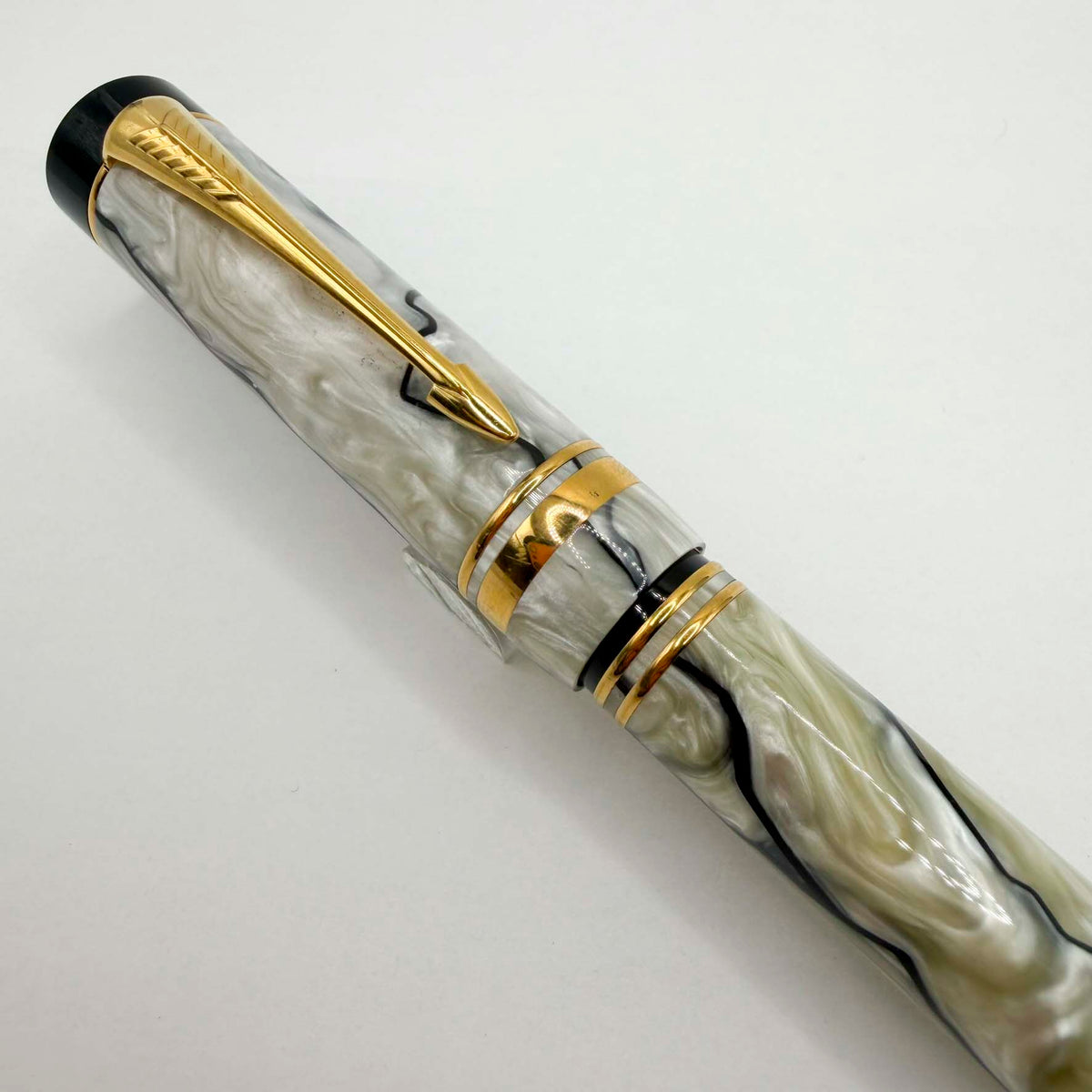 Parker Duofold Centennial (Largest Size) Lustrous Pearl & Black Fountain Pen - Medium 18kt Gold Nib