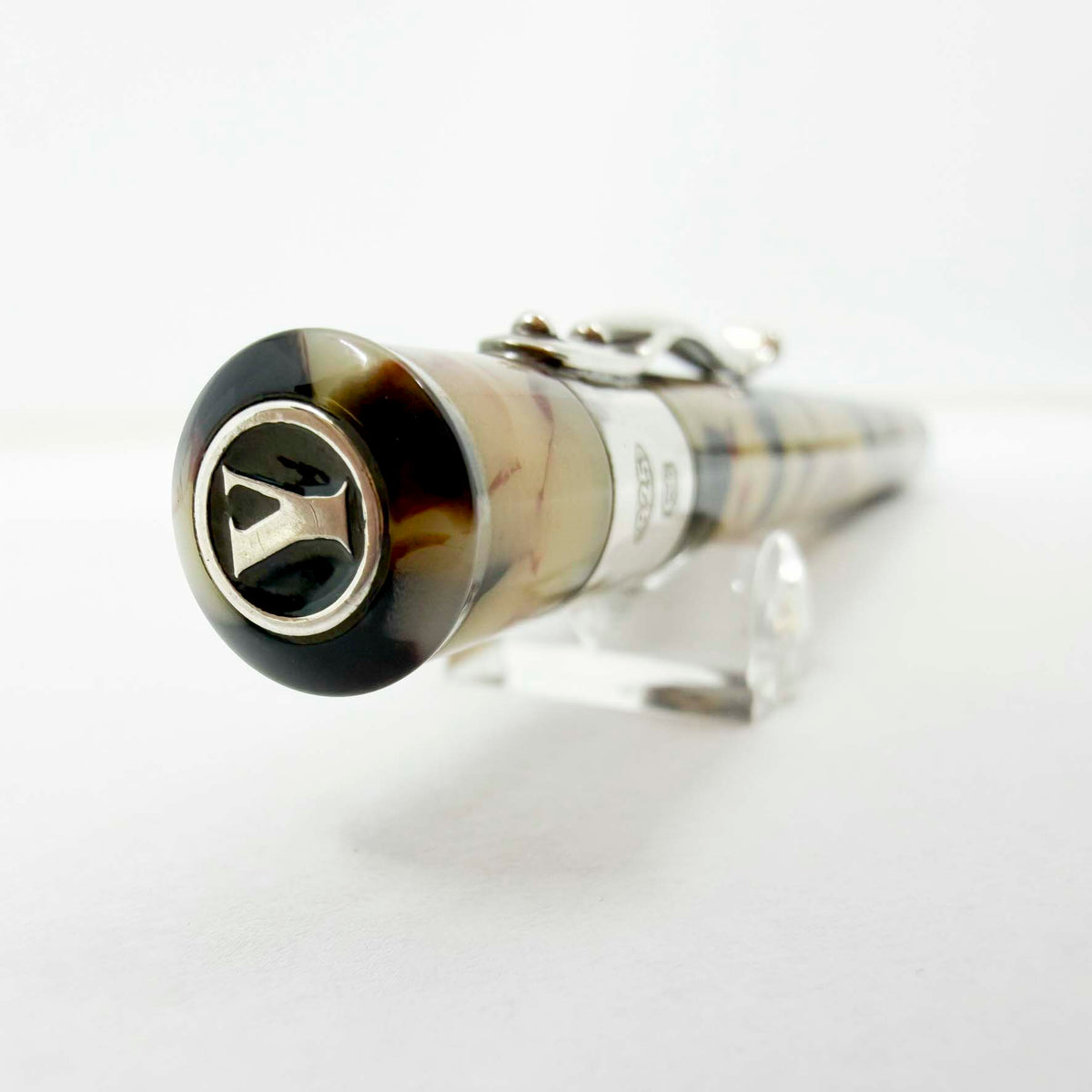 Yard-o-Led Astoria Marbled Cream & Ebony Ballpoint Pen - Sterling Silver Clip & Trim