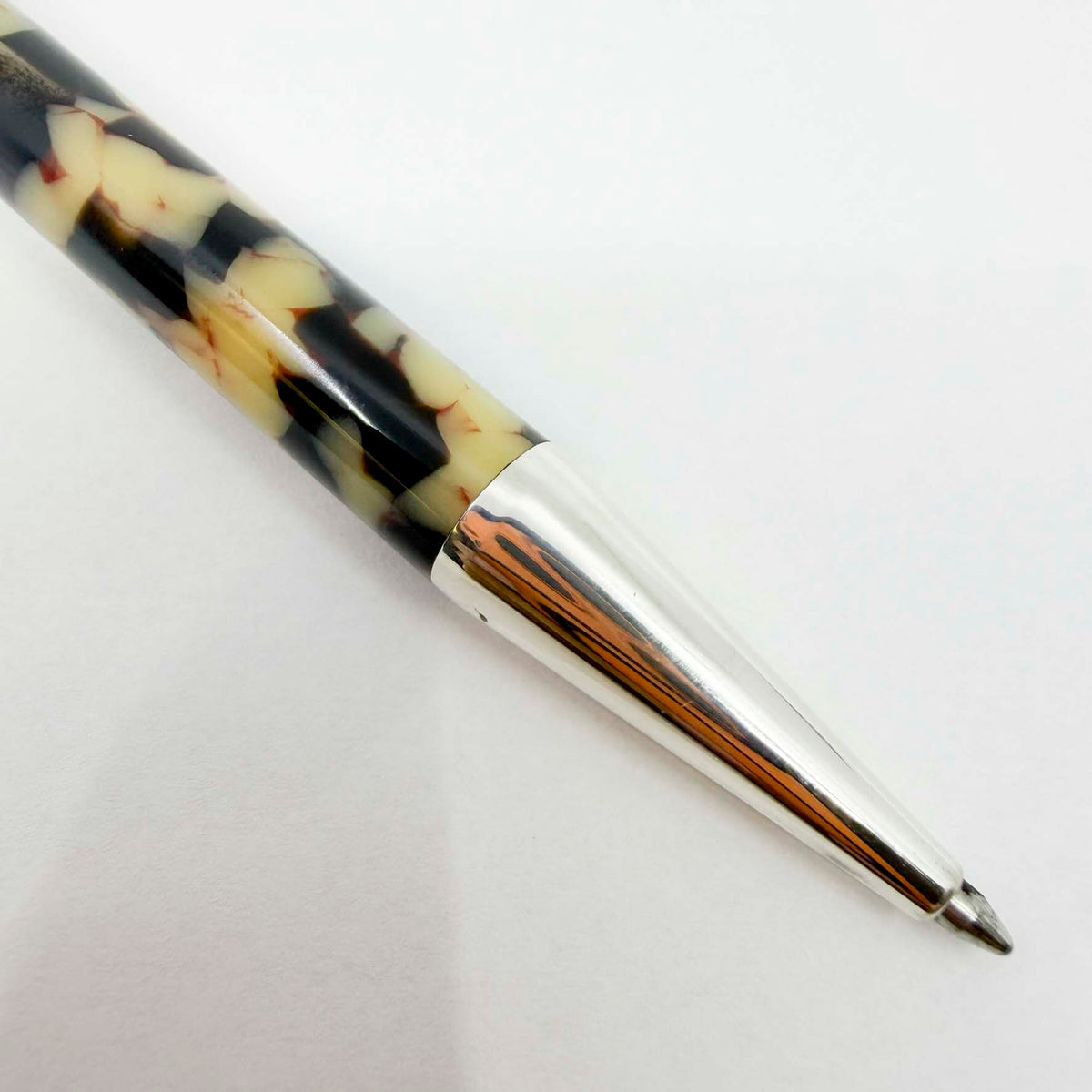 Yard-o-Led Astoria Marbled Cream & Ebony Ballpoint Pen - Sterling Silver Clip & Trim