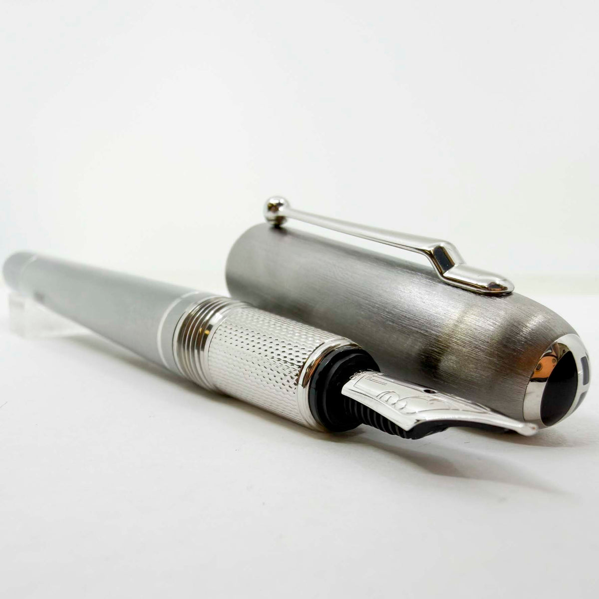 Dunhill Sidecar Brushed Stainless Steel Fountain Pen - Medium 18kt Gold Nib - MINT