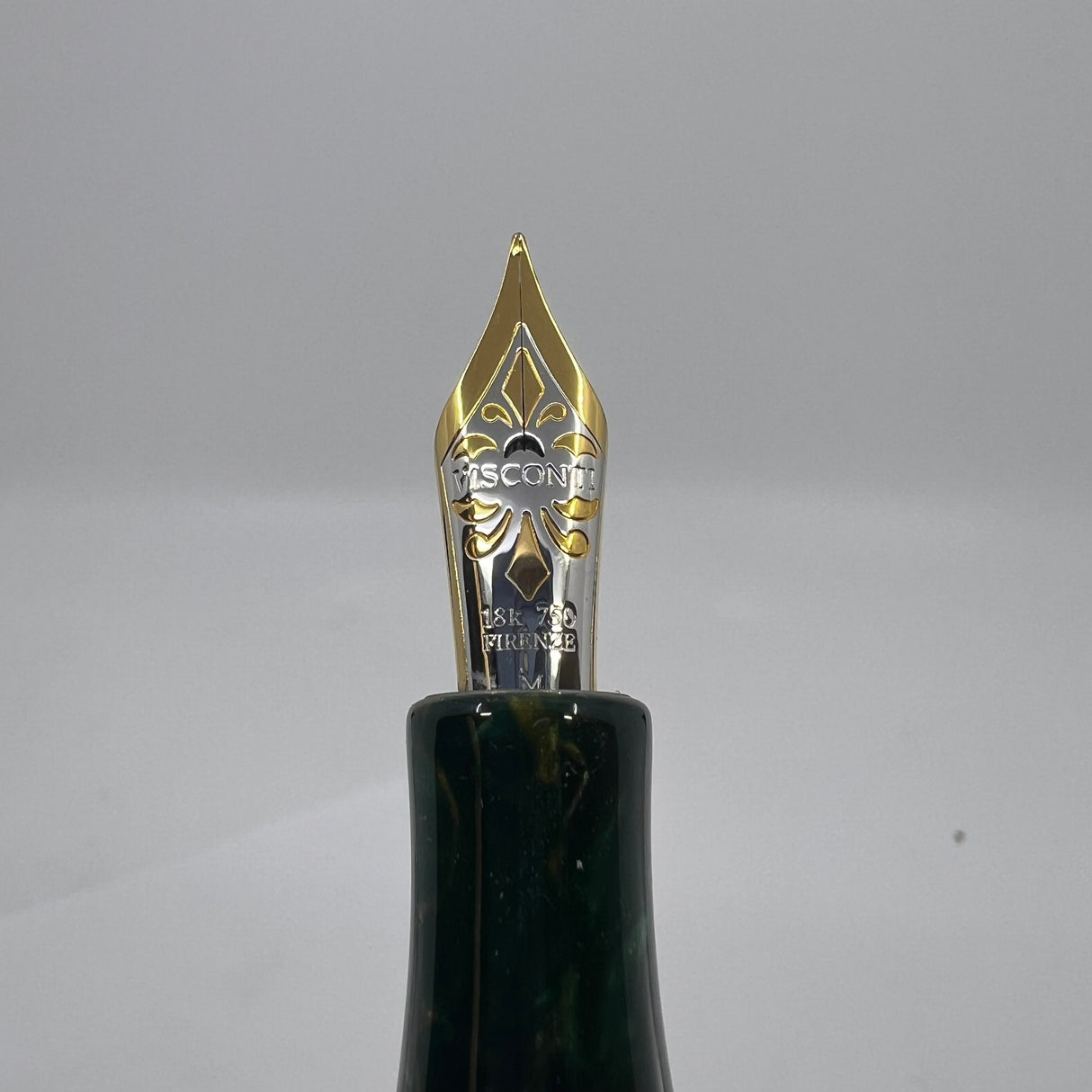 Visconti Grande Green Marbled/Bronze Streaked "Michelangelo" Celluloid  Fountain Pen Circa 2000 - Fine 18kt Gold Nib