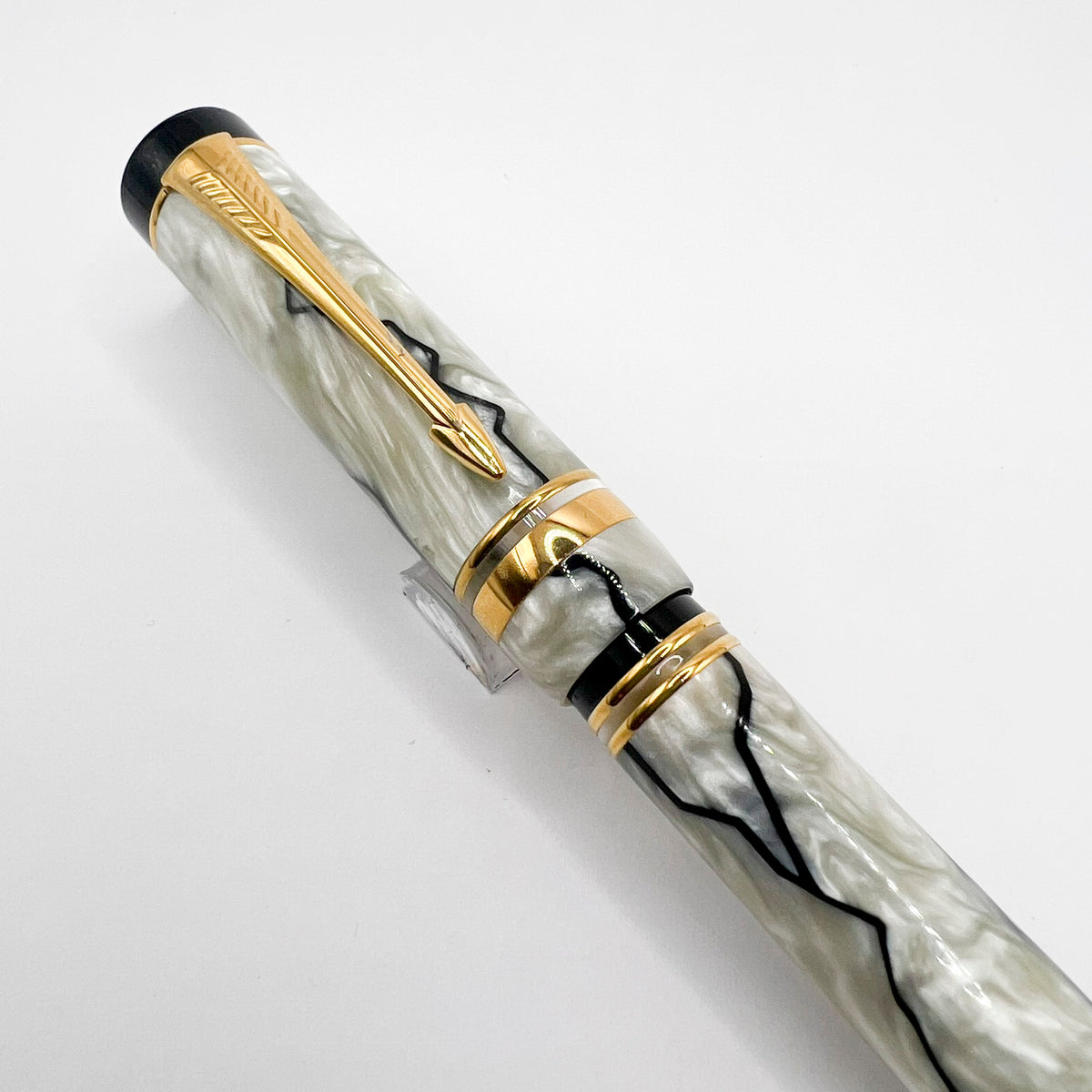Parker Duofold International  Lustrous Pearl & Black Fountain Pen - Fine 18kt Gold Nib