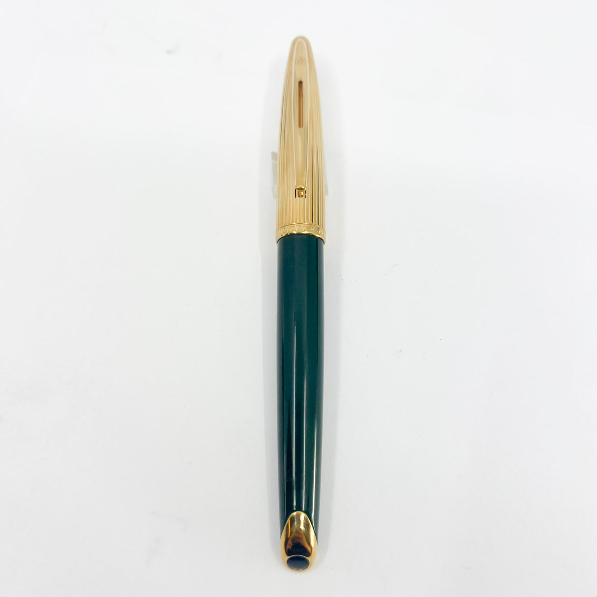 Waterman Carene Deluxe Green Barrel/Gold-Plated Fluted Cap Fountain Pen - Fine 18kt Gold Nib