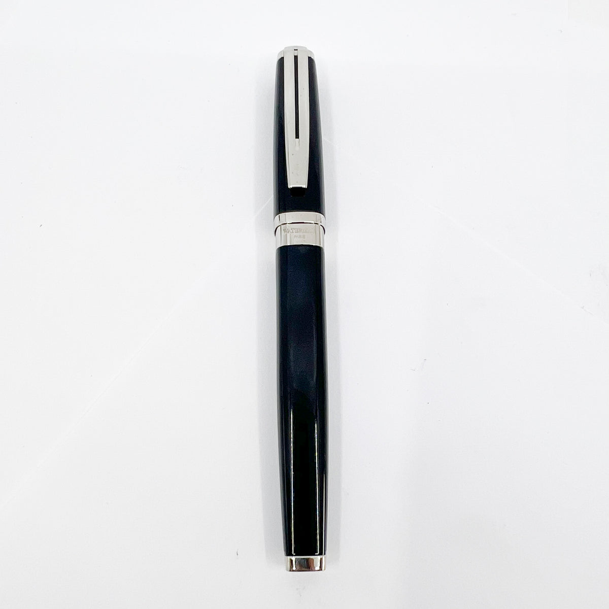 Waterman Oversized Exception Black Fountain Pen - 4-Sided Body  with 2 Sides of Charcoal Stripes -  Medium 18kt Gold Nib