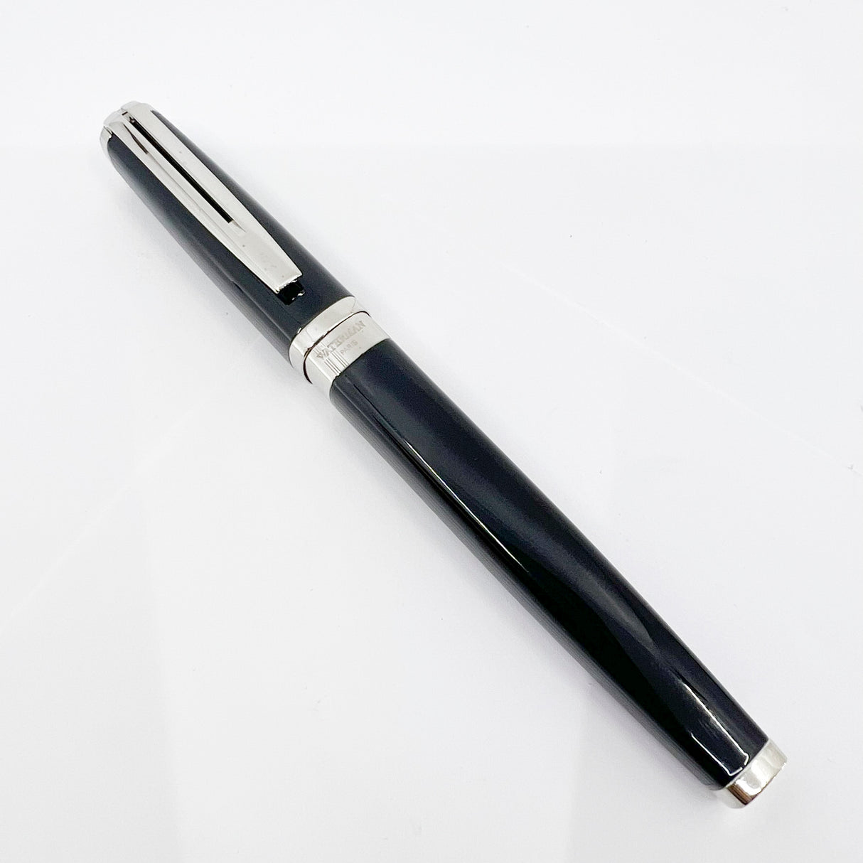 Waterman Oversized Exception Black Fountain Pen - 4-Sided Body  with 2 Sides of Charcoal Stripes -  Medium 18kt Gold Nib