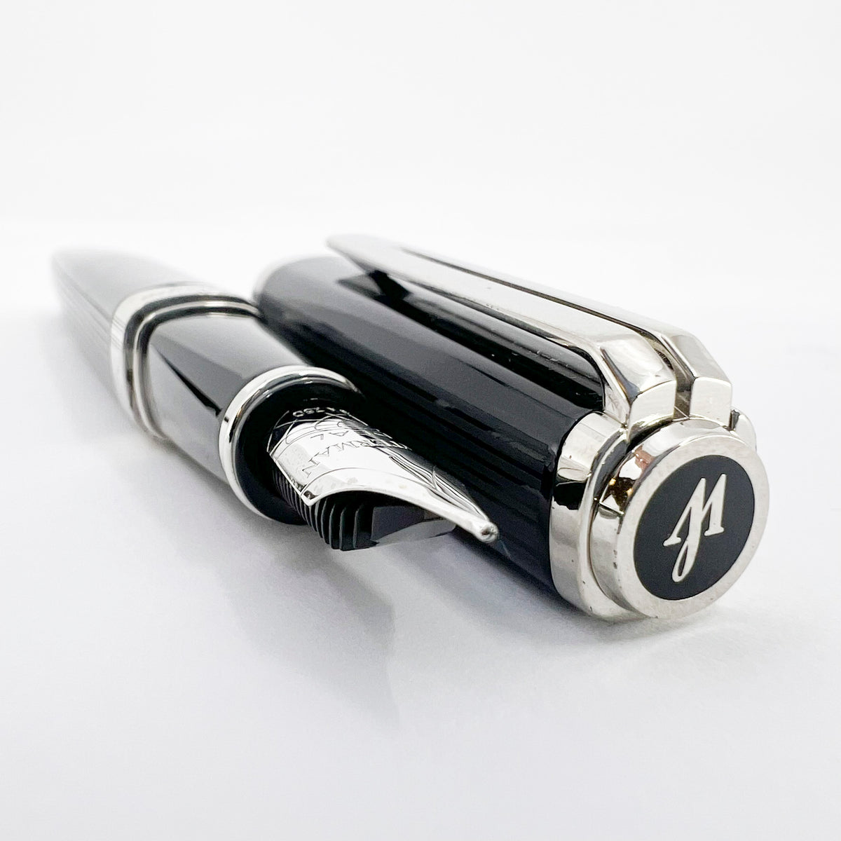 Waterman Oversized Exception Black Fountain Pen - 4-Sided Body  with 2 Sides of Charcoal Stripes -  Medium 18kt Gold Nib