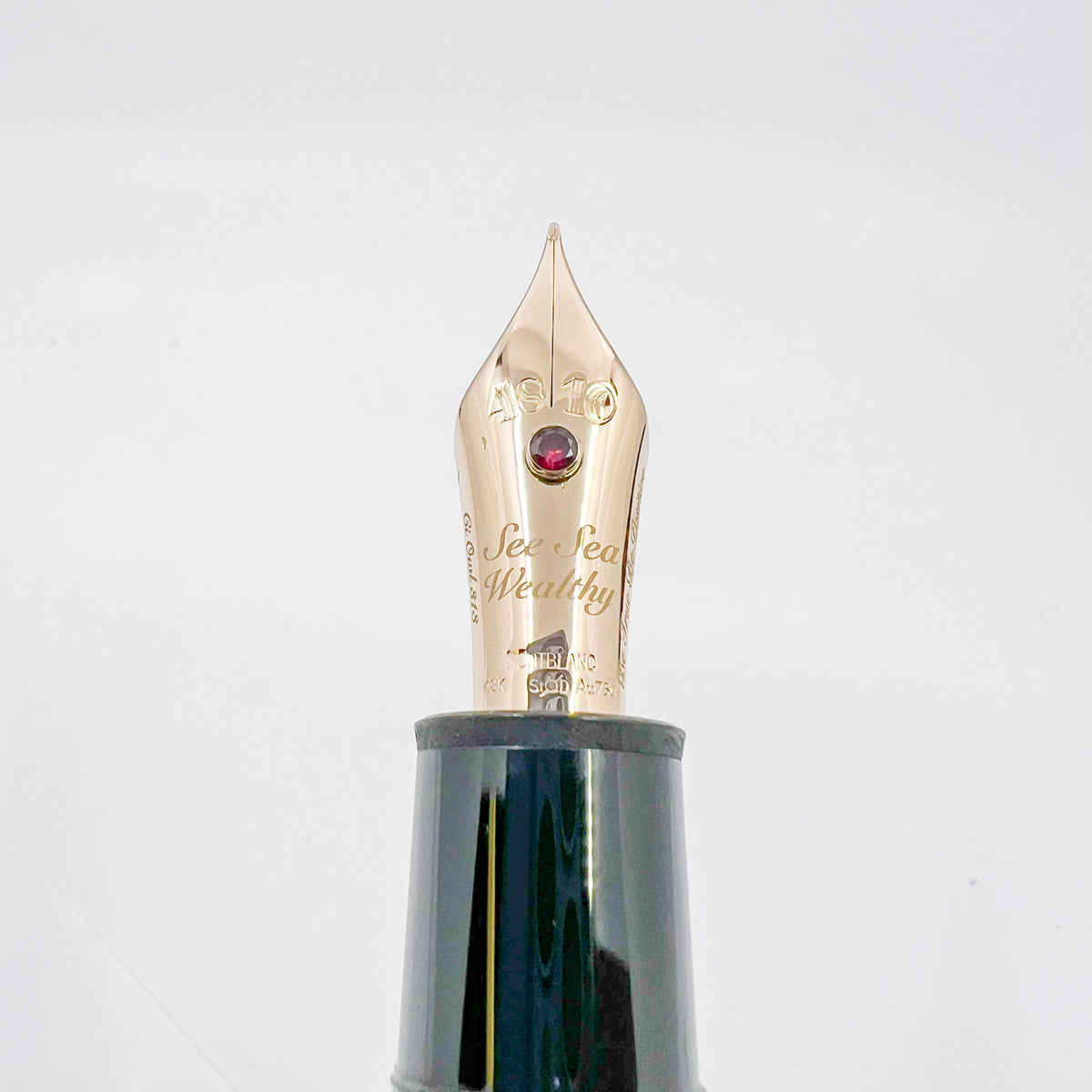 Montblanc Special Order Meisterstuck #149 (Largest) Fountain Pen - Bespoke Fine 18kt Gold Nib with Authentic  Ruby  Embedded + Special Nib Engraving