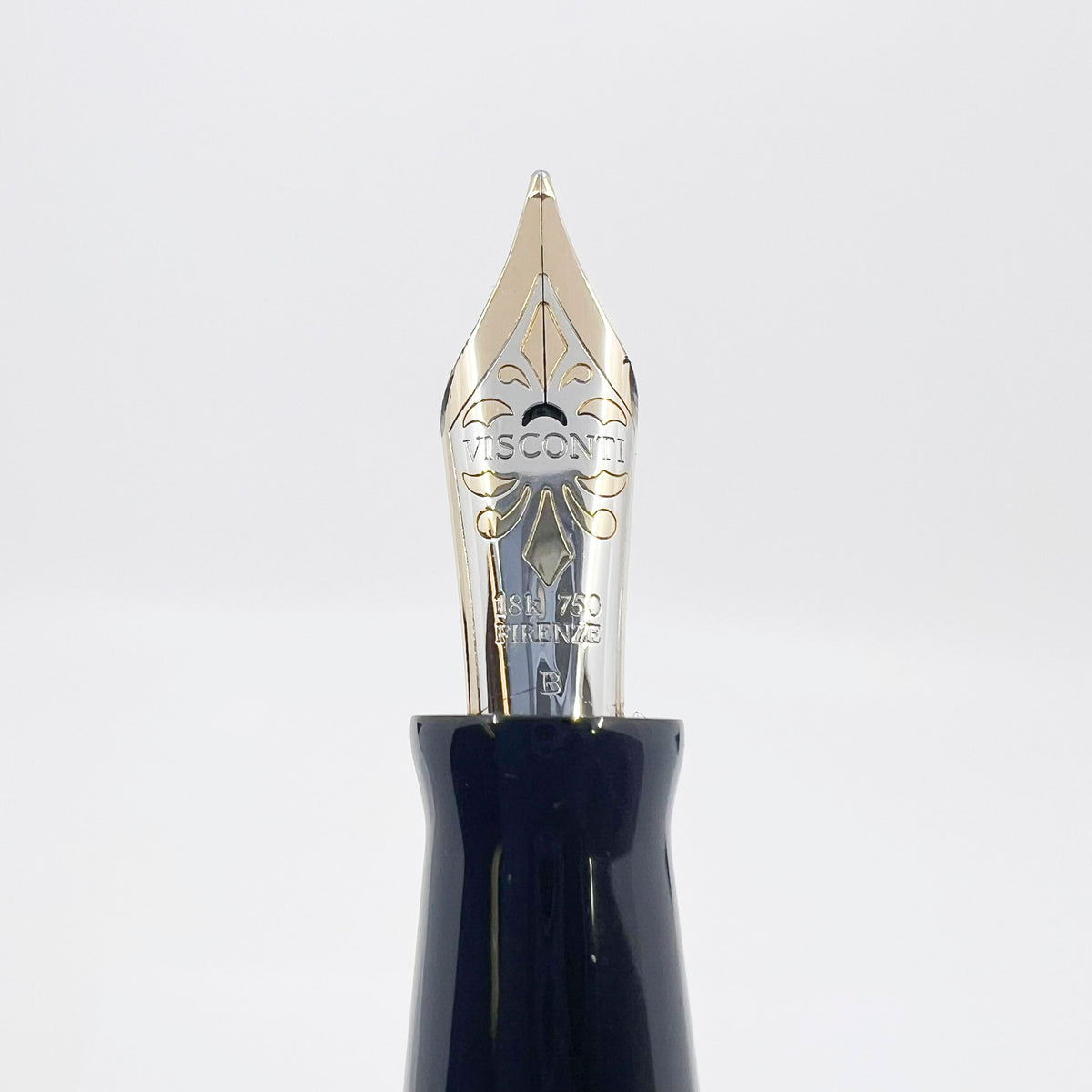 Visconti Glossy Black Resin Midnight Voyager Fountain  Pen - Two Rings of Coral Celluloid - Broad 18kt Gold Nib