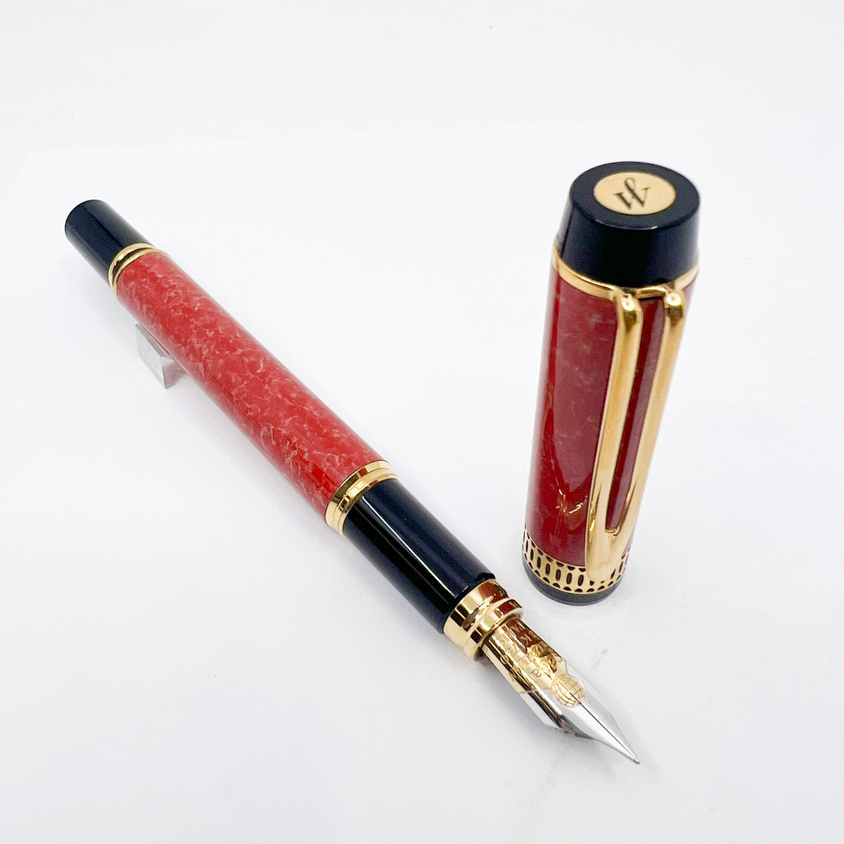Waterman Patrician Red Coral Marble Fountain Pen- Fine 18kt Gold  Nib
