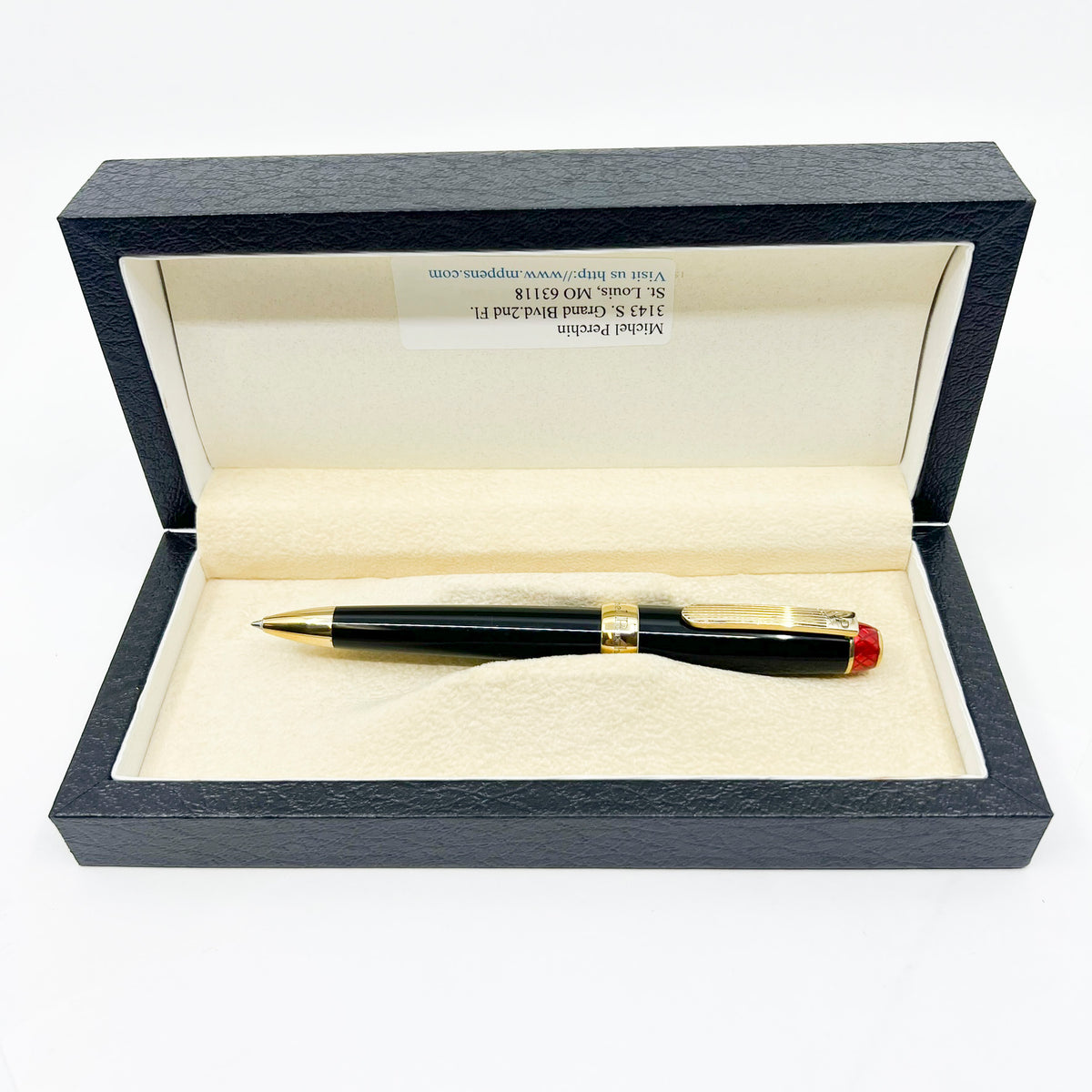 Michel Perchin Limited Edition Black & Vermeil Executive Ballpoint Pen with Red Guilloche Enamelwork on Crown