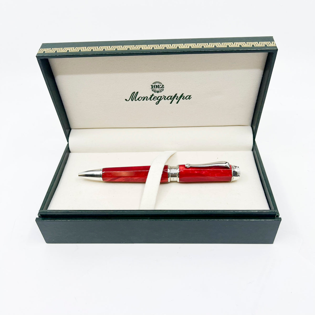 Montegrappa Espressione  Lustrous Red Celluloid Facetted Ballpoint Pen - Sterling Silver Clip and Trim
