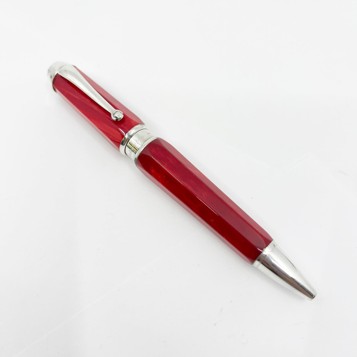 Montegrappa Espressione  Lustrous Red Celluloid Facetted Ballpoint Pen - Sterling Silver Clip and Trim