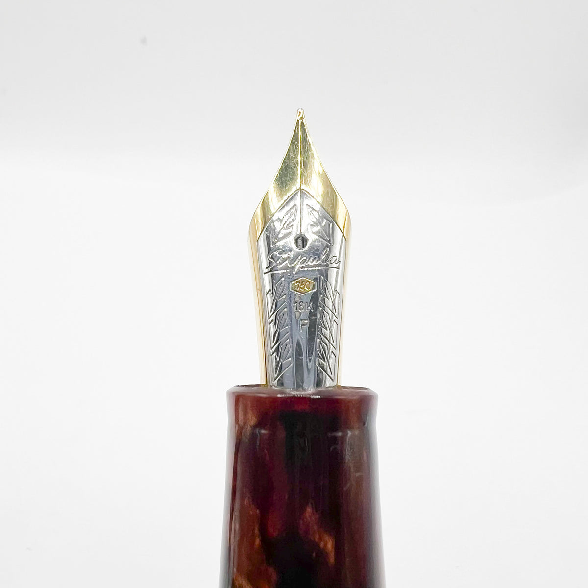 Stipula Early Etruria Variegated Burgundy & Amber Celluloid Fountain Pen- 9kt Gold Cap Band & Trim  -   Fine 18Kt Gold Nib