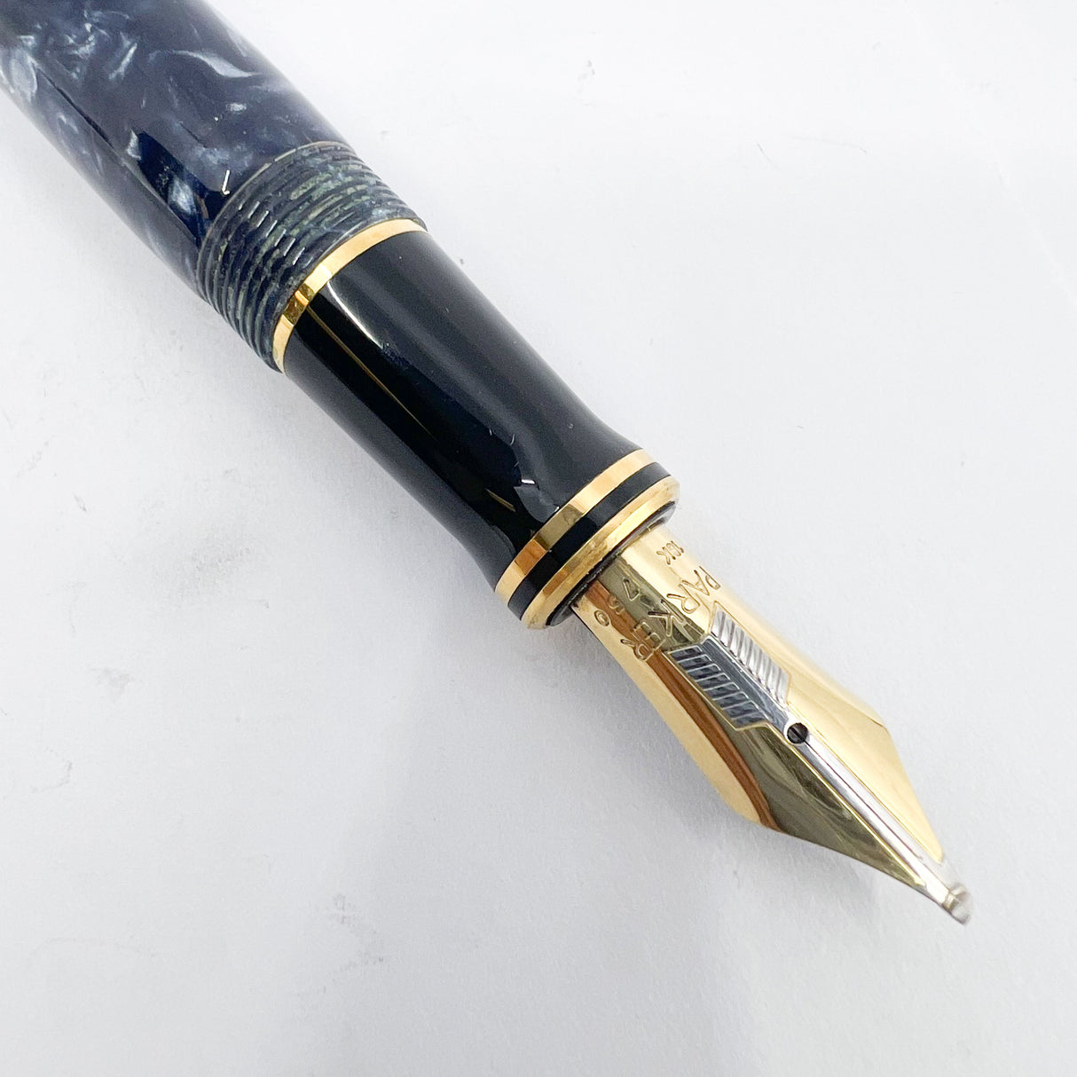 Parker Duofold Centennial (Largest) Marbled Blue Fountain Pen - Double Broad Oblique #91 18kt Gold Nib