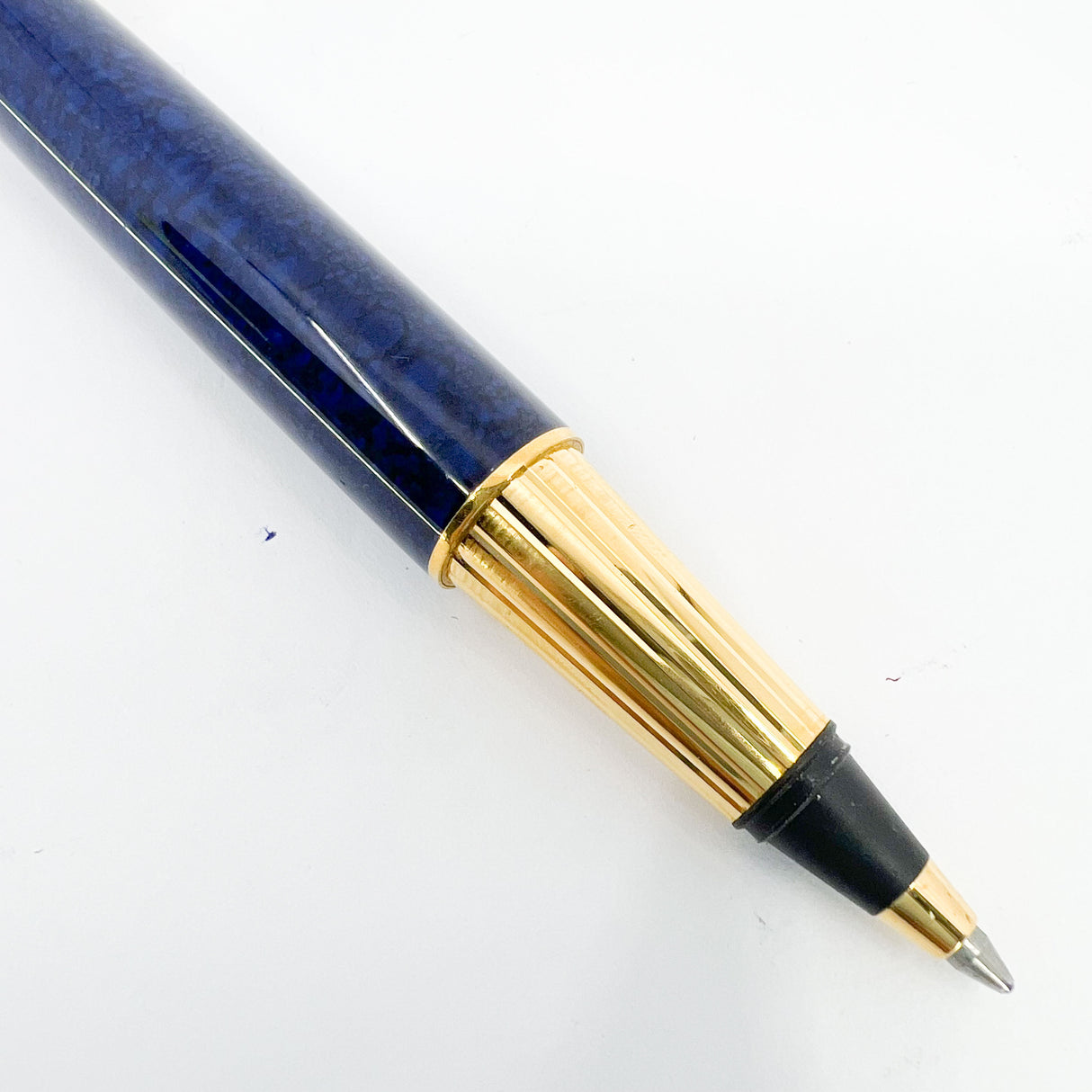 Cartier Pasha Capped Trinity Ballpoint - Blue Marbled Lacquer Barrel & Clip - Fluted Heavy 10 Microns Gold Plated Cap - An Icon of Cartier!