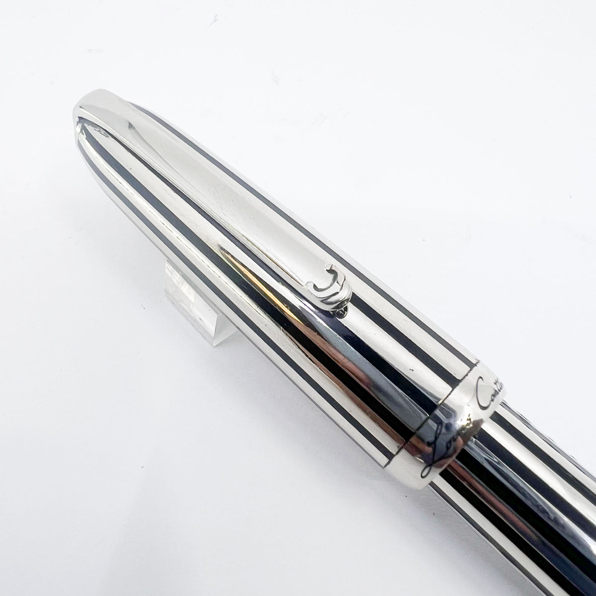 Louis Cartier Dandy Platinum Plated & Black Lacquered Striped Limited Edition Fountain Pen - Medium 18kt Gold Nib - A Perfect User!