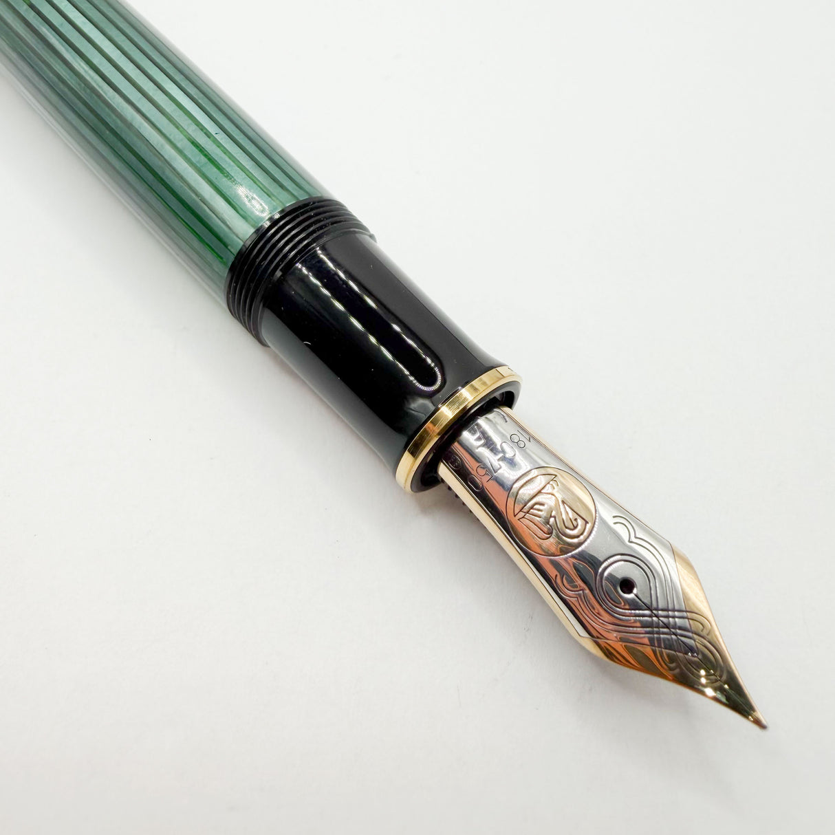 Pelikan Souveran M1000 Black/Green Striped Fountain Pen (Largest)  - Fine 18kt Gold Nib
