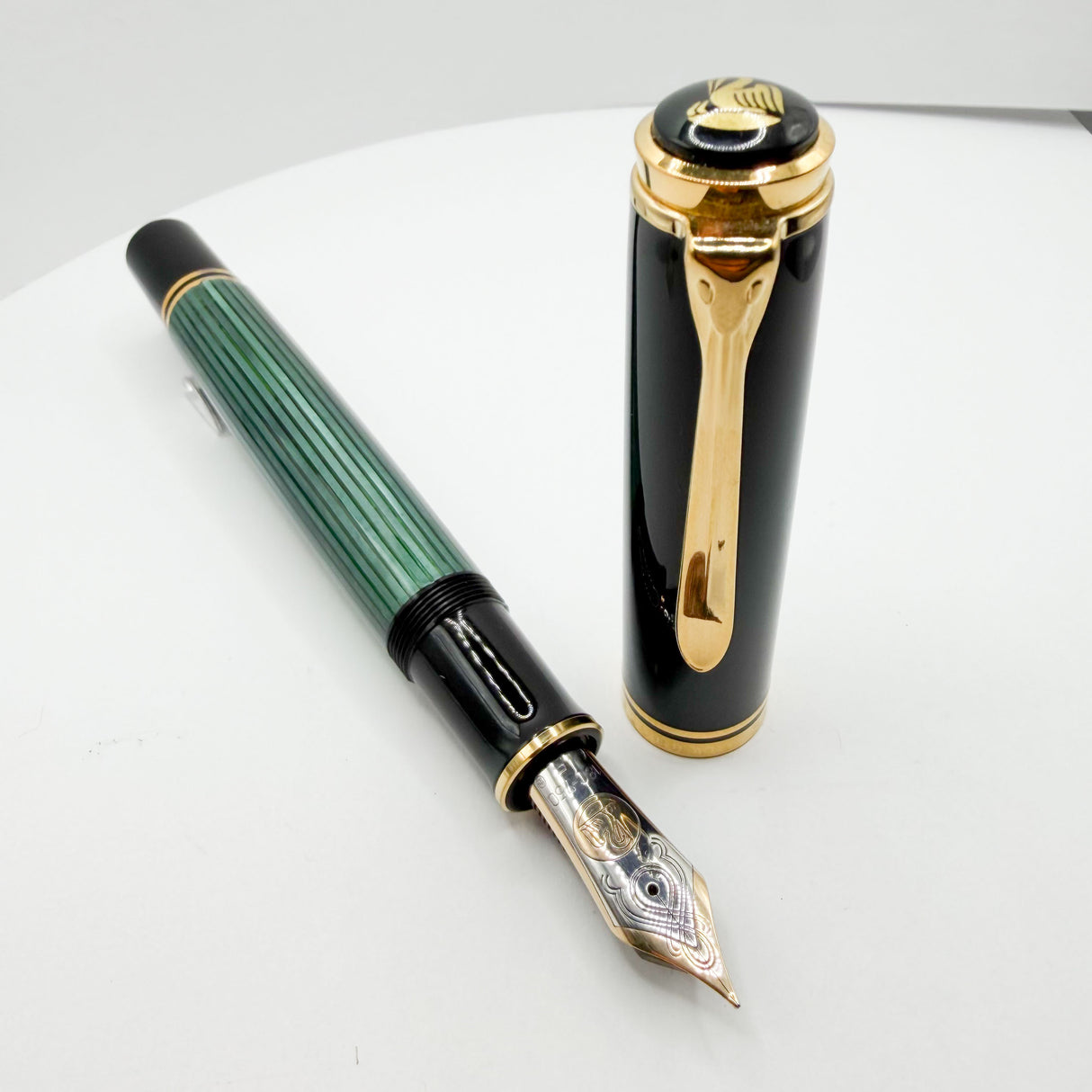 Pelikan Souveran M1000 Black/Green Striped Fountain Pen (Largest)  - Fine 18kt Gold Nib