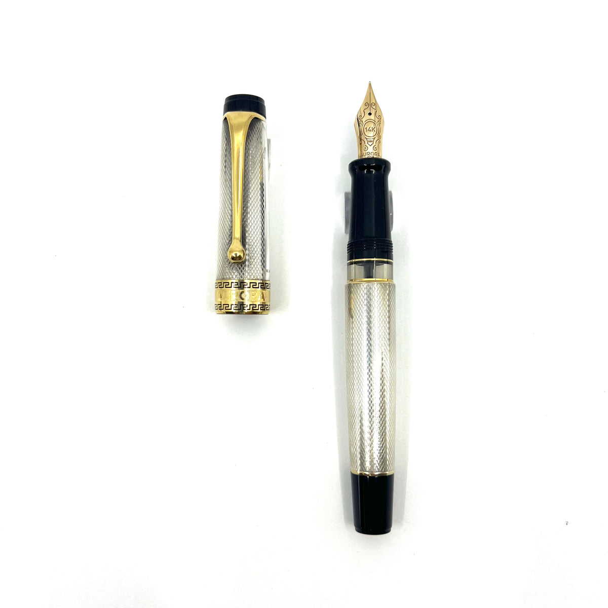 Aurora Optima Full Sterling Silver Barleycorn Fountain Pen - Fine 14kt Gold Nib