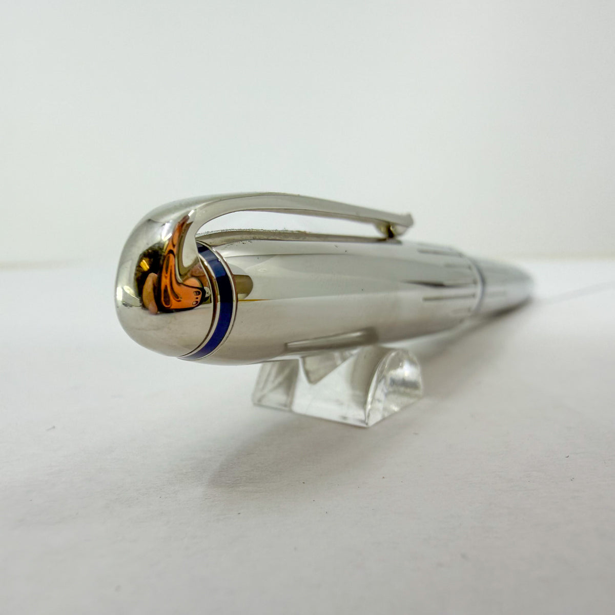 Cartier Art Deco Limited Edition Platinum Plated Ballpoint Pen with Blue Lacquer Accents