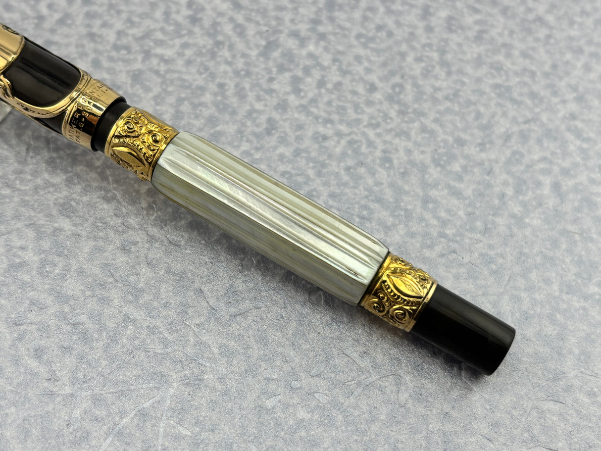 Parker # 15 Gold Filled Filigree with Fluted Mother-of-Pearl Slabs Eyedropper-fill Fountain Pen circa 1910-1915