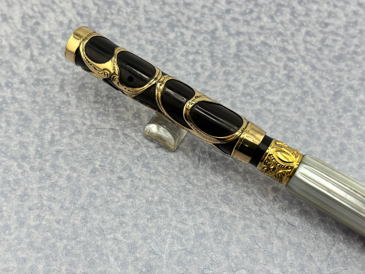 Parker # 15 Gold Filled Filigree with Fluted Mother-of-Pearl Slabs Eyedropper-fill Fountain Pen circa 1910-1915