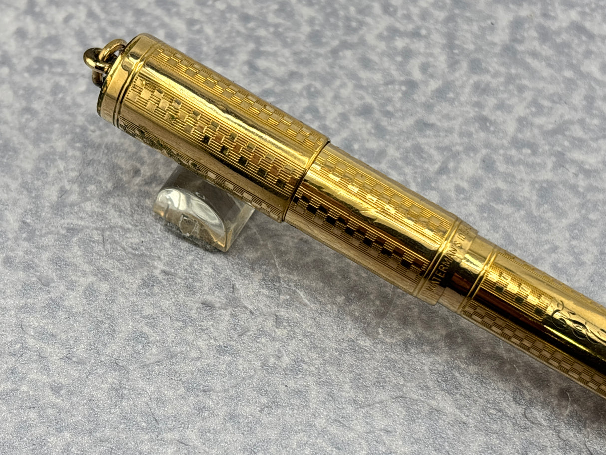 Waterman Gold-Filled # 0512 1/2 VPSF (Vest Pocket Self Filler) Gothic Overlay Ring Top Fountain Pen with Scarce Second Cap to Protect One's Clothing
